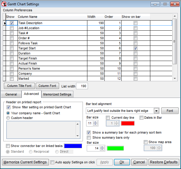 Gantt Chart Advanced Settings