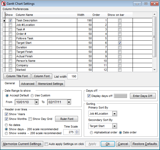 Gantt Chart options